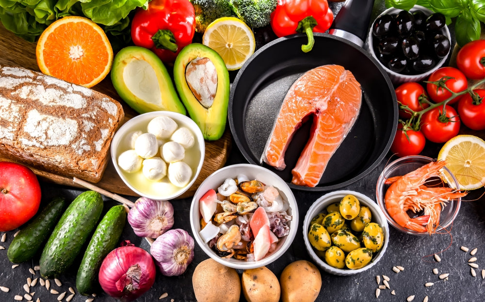 Food products representing the Mediterranean diet 