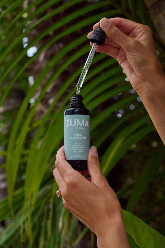 Liquid ionic magnesium dropper over the Zuma Nutrition Ionic Magnesium bottle