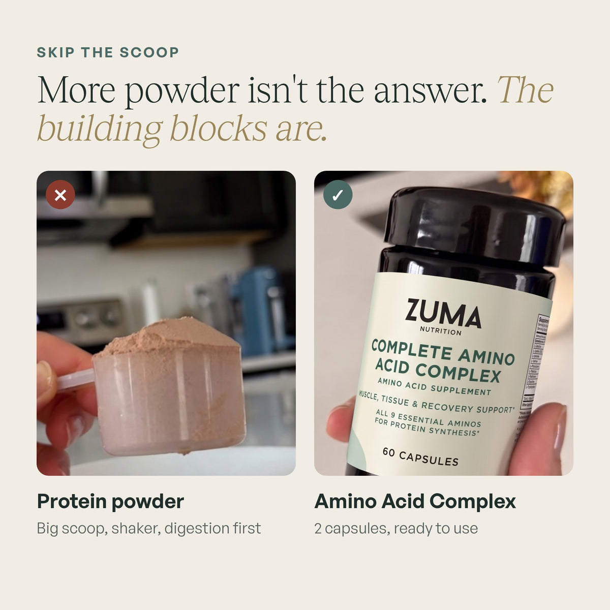 Protein powder vs Zuma Nutrition Complete Amino Acid Complex