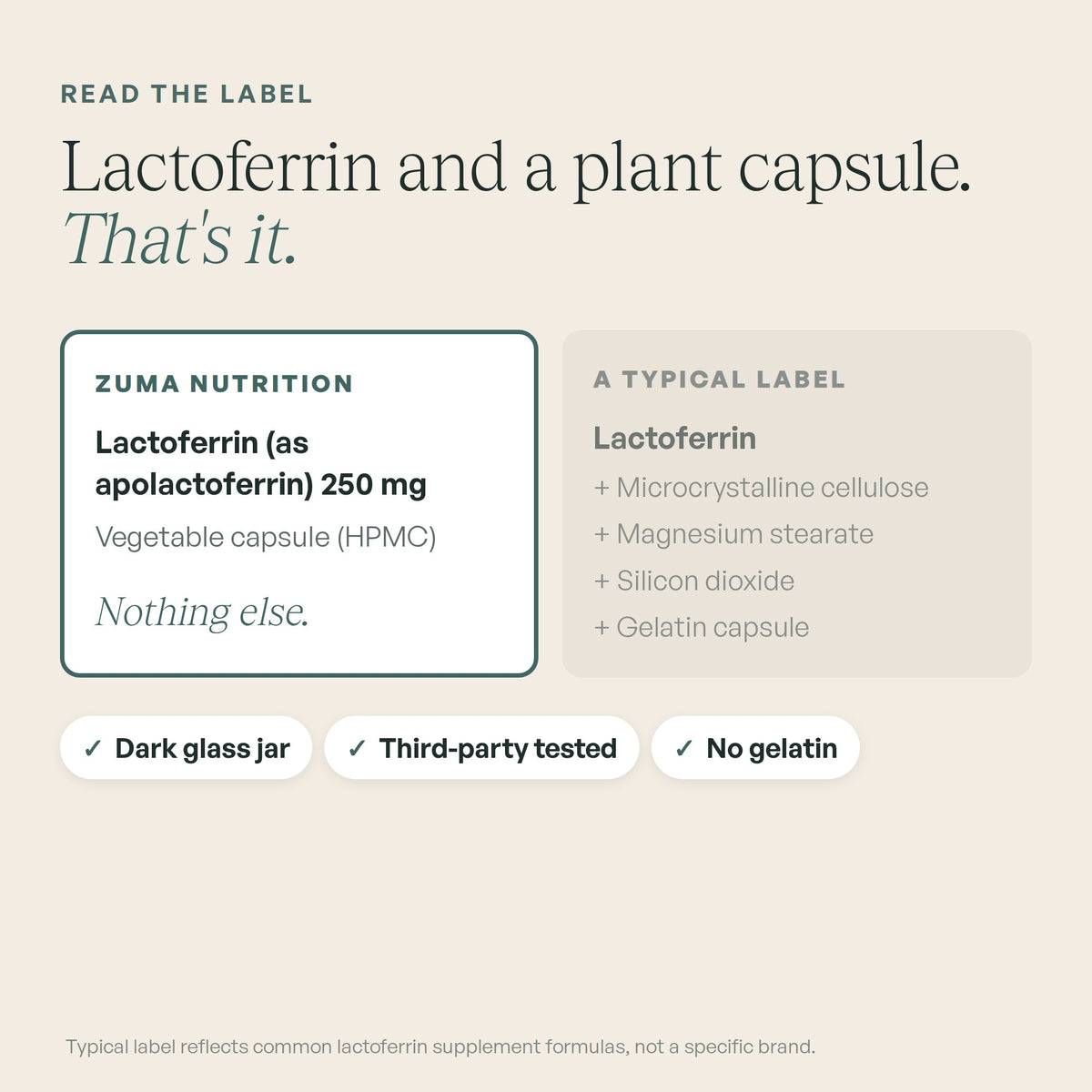 Lactoferrin and a plant capsule, nothing else added, compared with a typical label