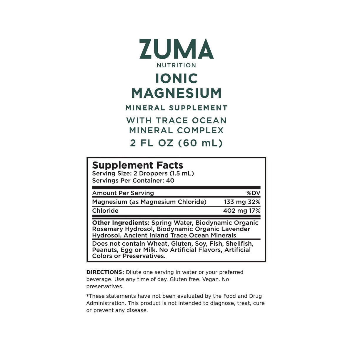 Supplement Facts for Zuma Nutrition Ionic Magnesium Chloride Tonic: 133 mg magnesium per 2-dropper serving, 40 servings