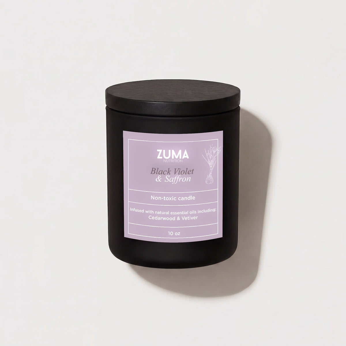 Black Violet & Saffron Non Toxic Candle - Zuma Nutrition, front label