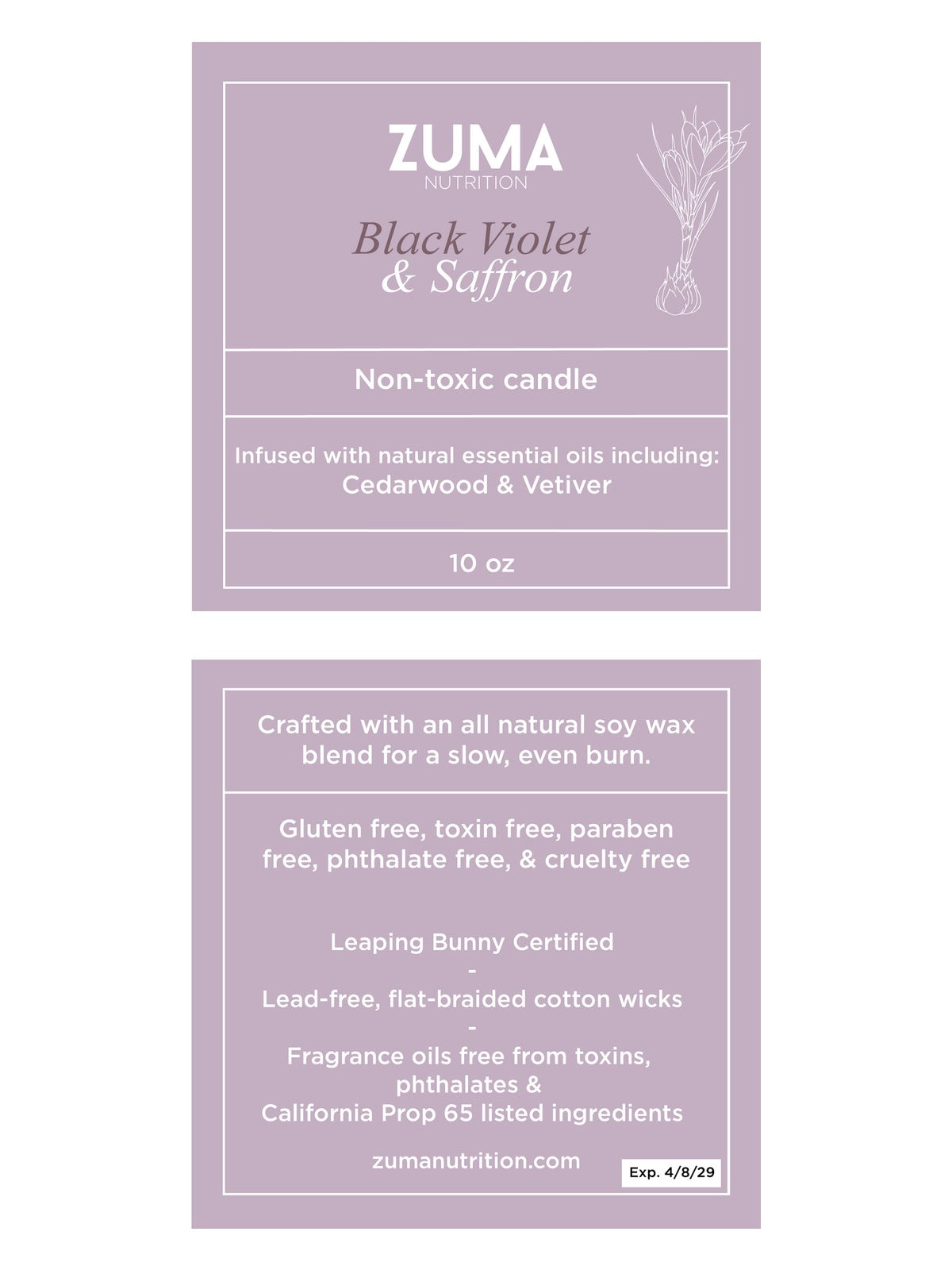 Black Violet & Saffron Candle label - Zuma Nutrition