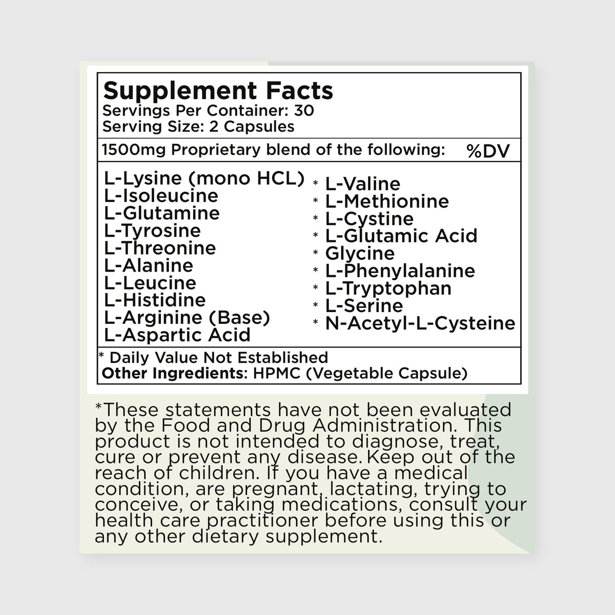 Zuma Nutrition Complete Amino Acid Complex supplement facts label