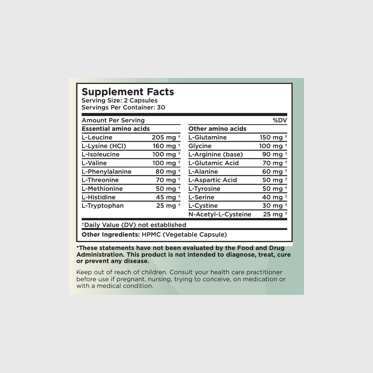 Zuma Nutrition Complete Amino Acid Complex supplement facts label