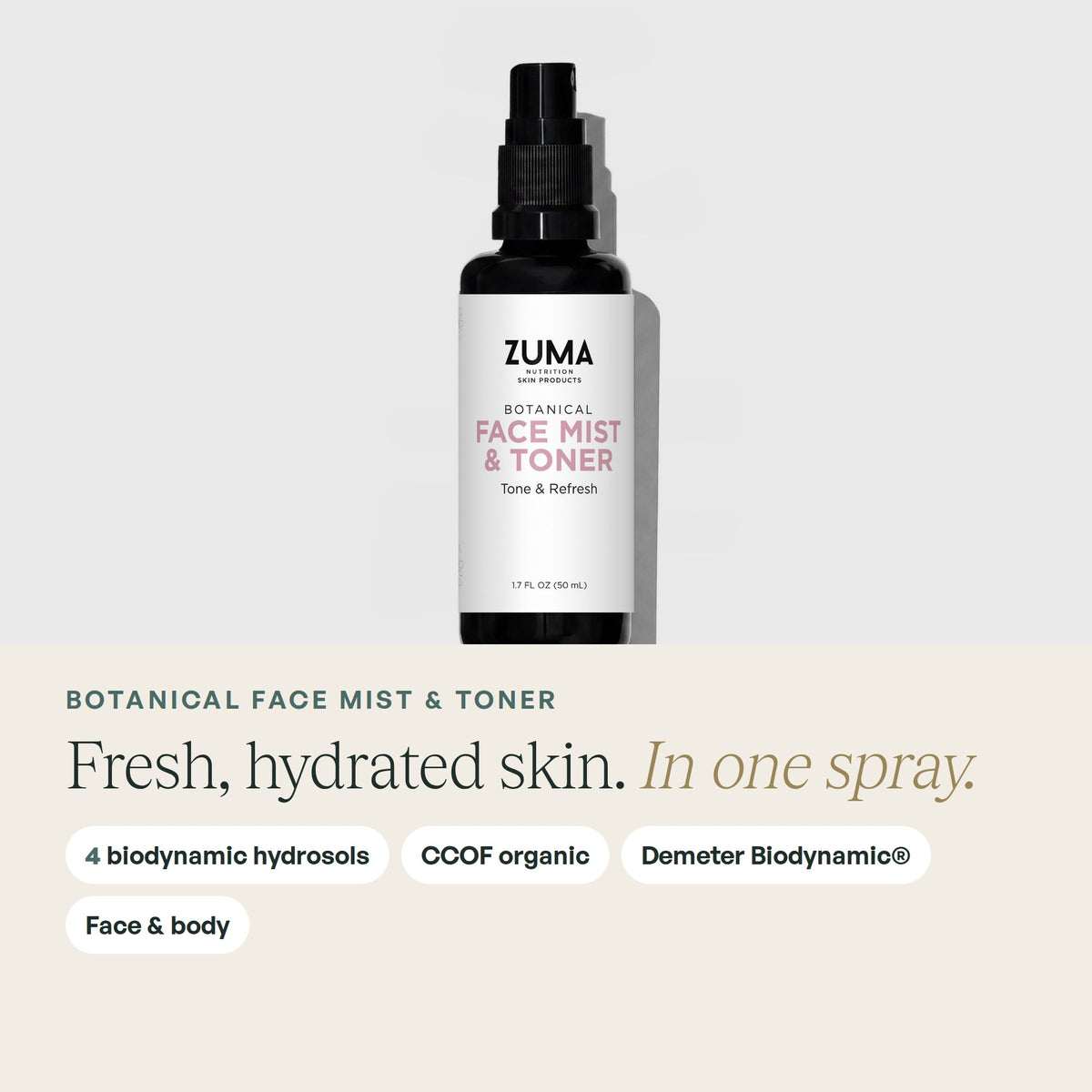 Zuma Nutrition Botanical Face Mist & Toner: fresh, hydrated skin in one spray, with 4 biodynamic hydrosols