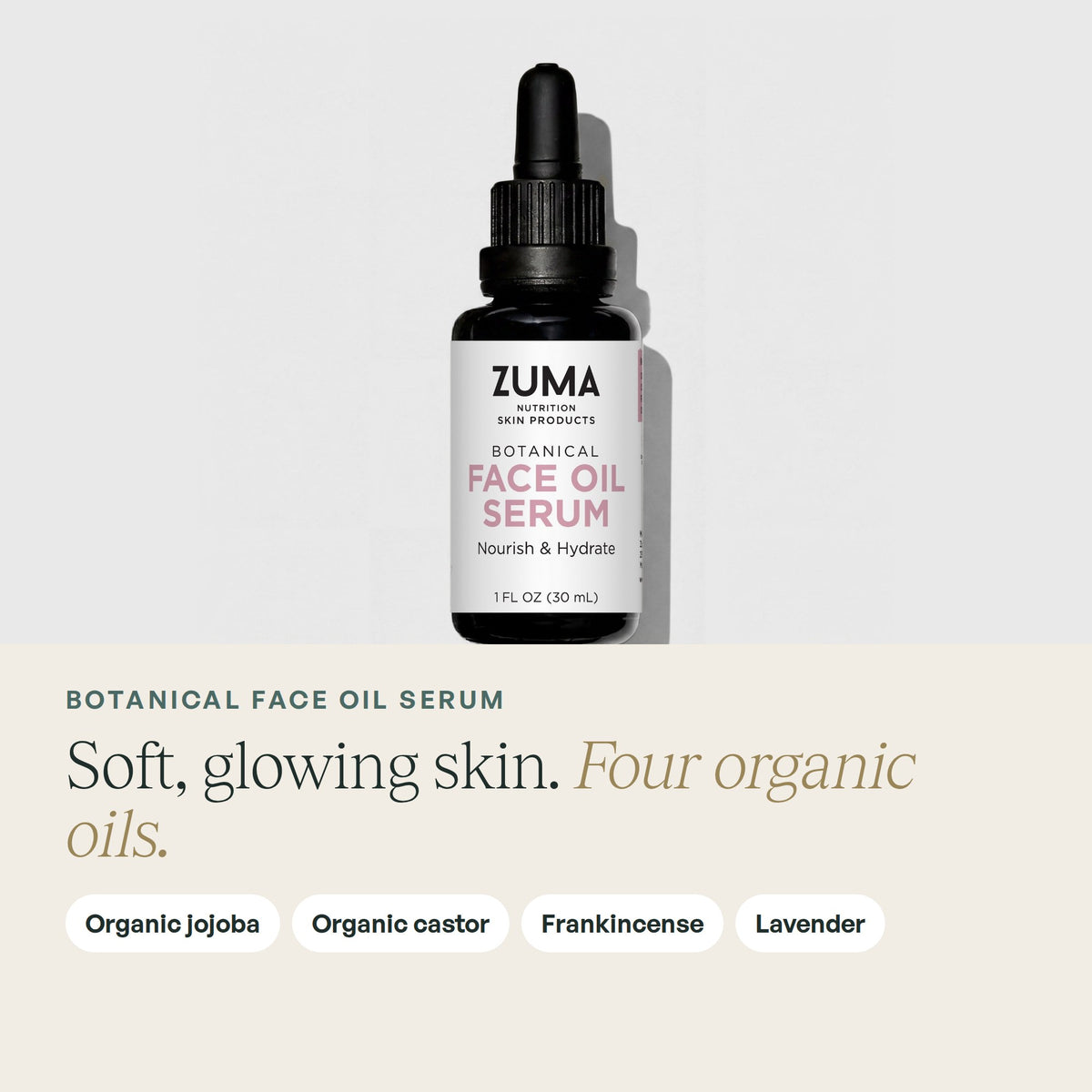 Zuma Nutrition Botanical Face Oil Serum: product photo and key benefits