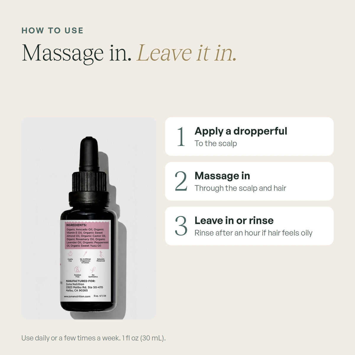 Zuma Nutrition Botanical Hair Oil Serum: how to use