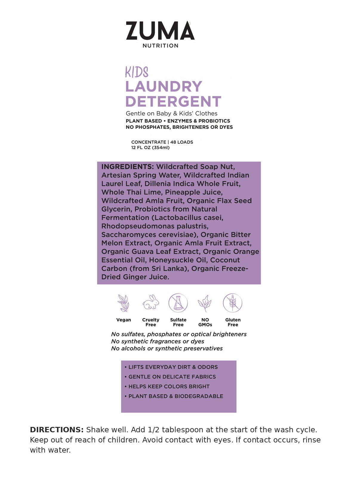 Kids Laundry Detergent label - Zuma Nutrition