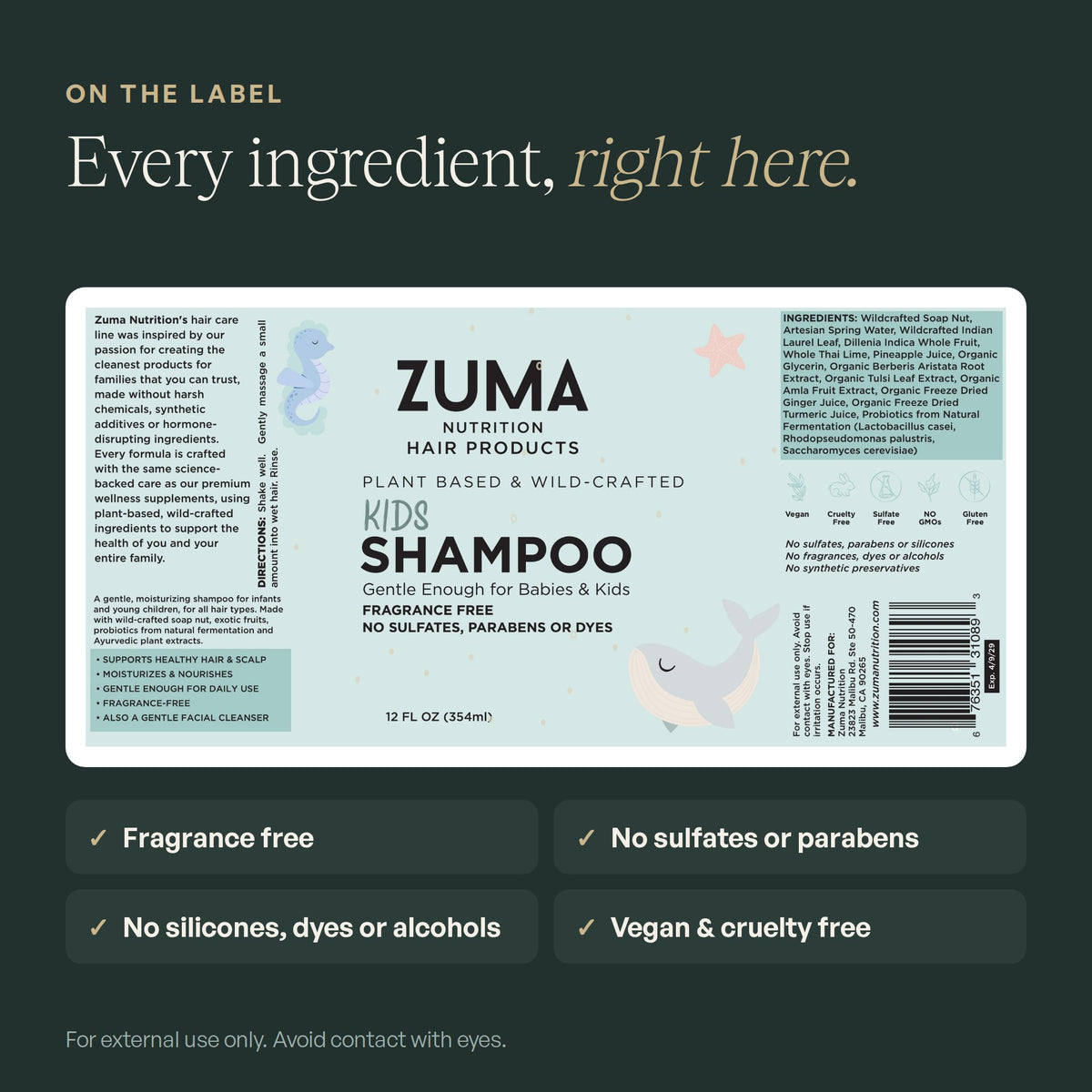 Zuma Nutrition Kids Shampoo, label