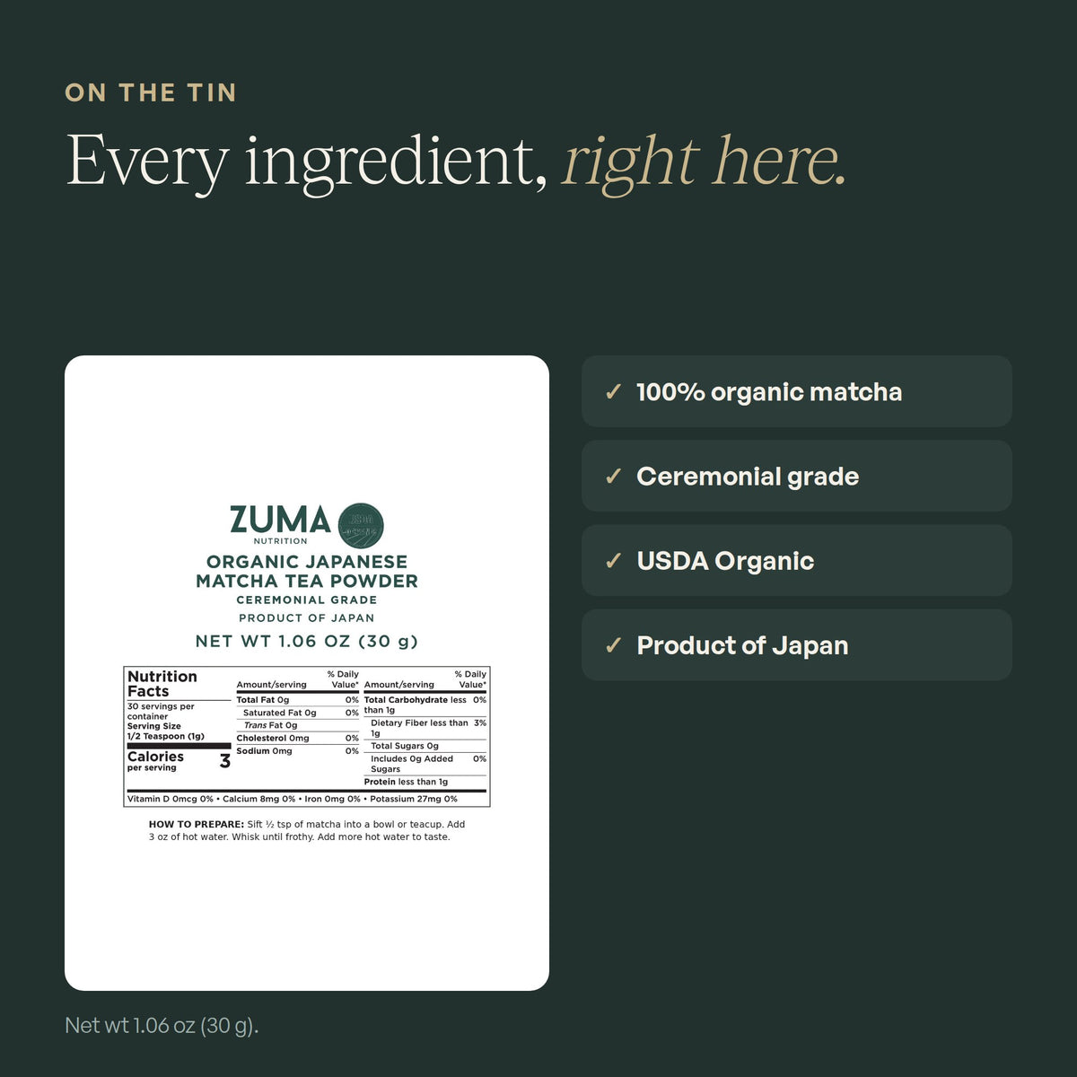 Zuma Nutrition Organic Japanese Matcha label