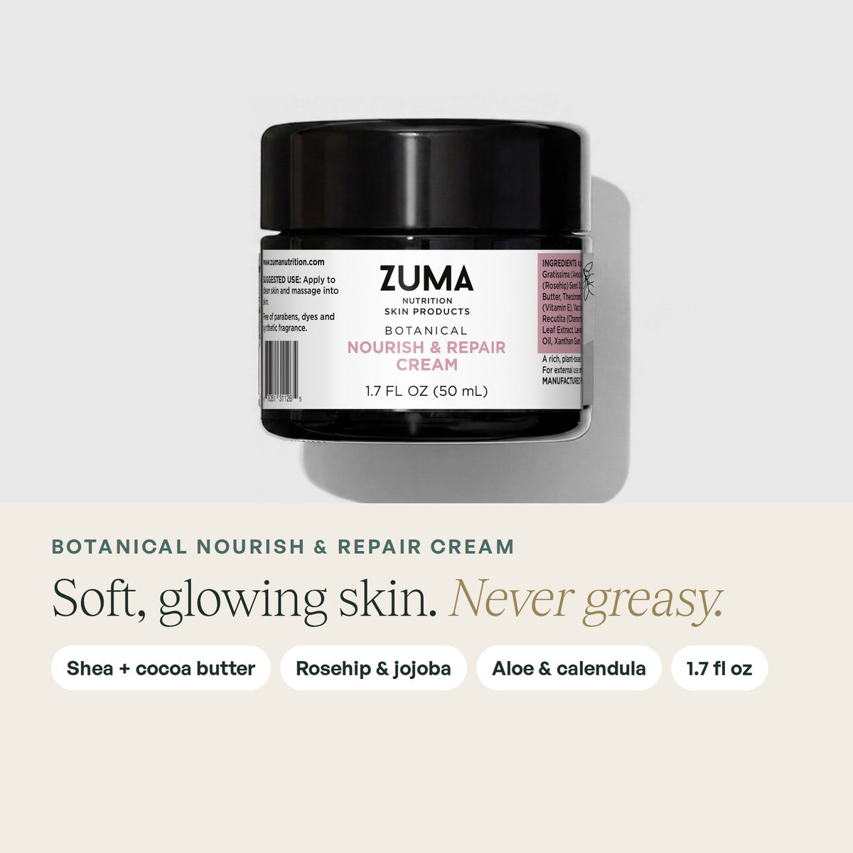 Zuma Nutrition Botanical Nourish & Repair Cream: product photo and key benefits