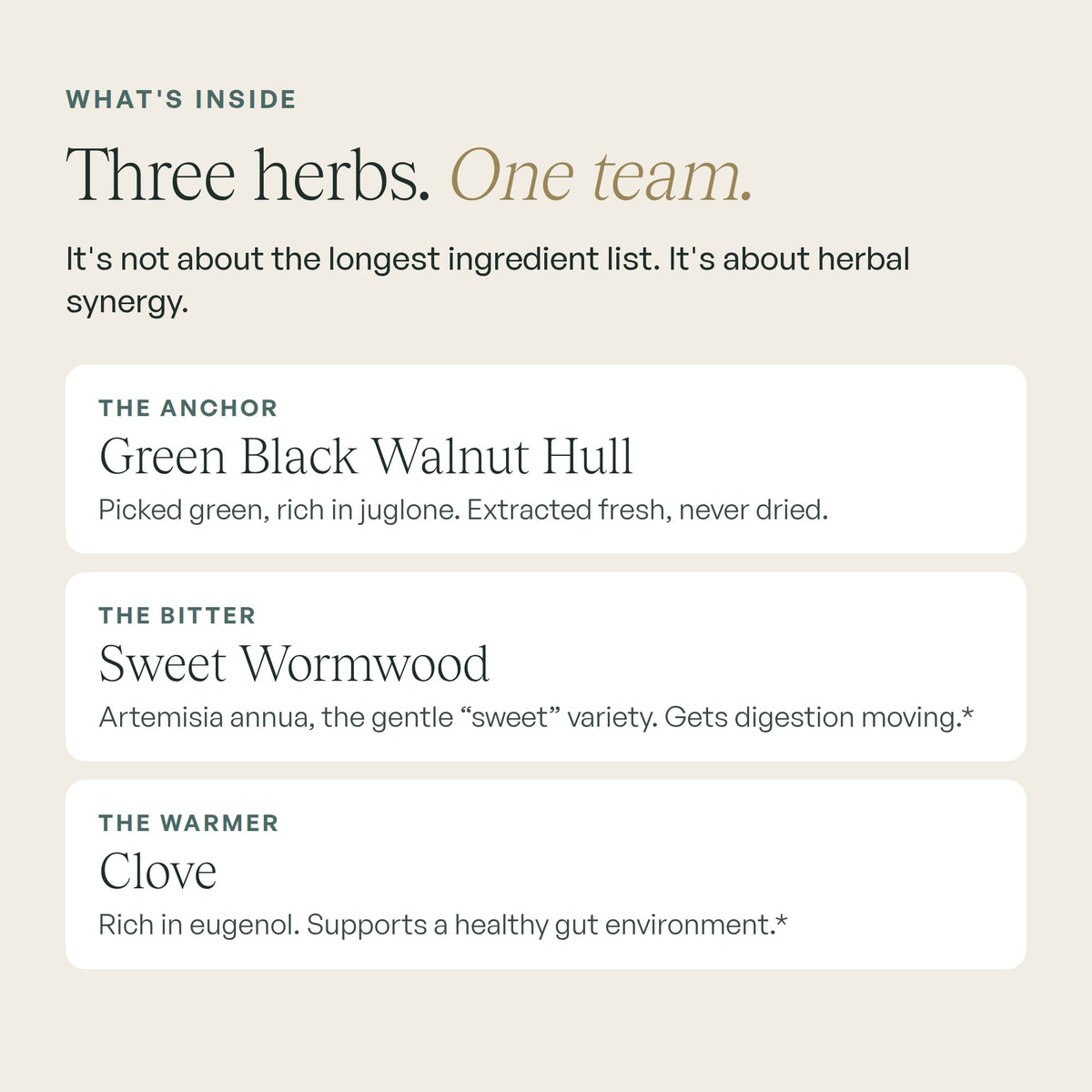 Three herbs, one team: green black walnut hull, sweet wormwood and clove