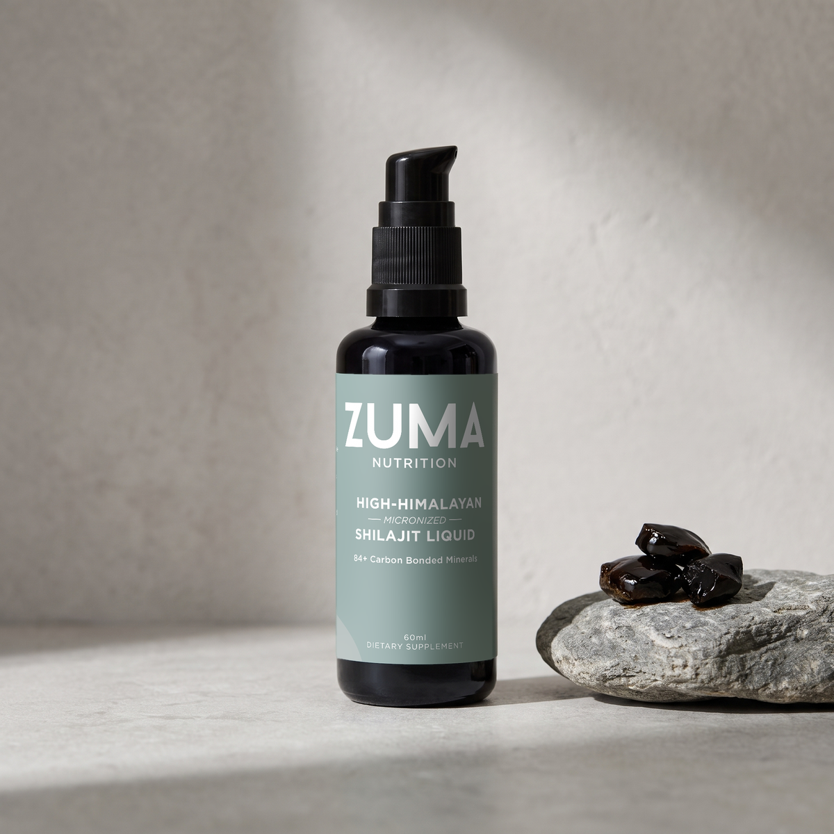 Zuma Nutrition High-Himalayan Shilajit Liquid bottle with raw shilajit resin