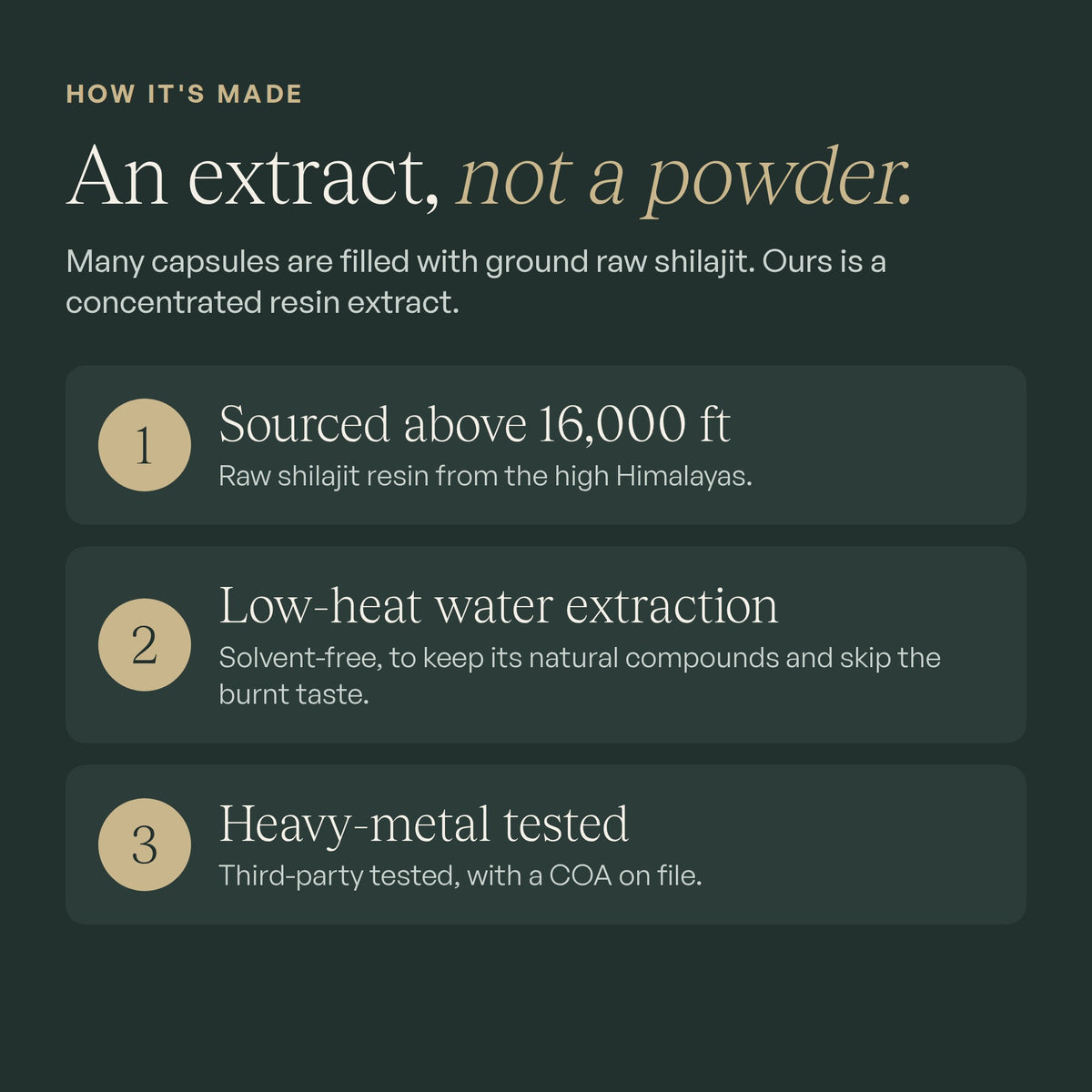 How it's made: sourced above 16,000 ft, solvent-free extraction, heavy-metal tested