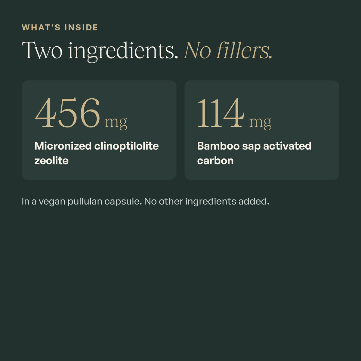 456 mg micronized zeolite and 114 mg bamboo sap activated carbon, no fillers
